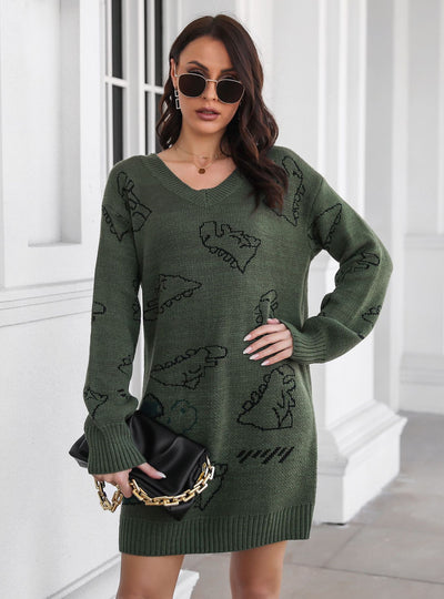 Dinosaur Jacquard V-neck Long Sleeve Sweater Dress