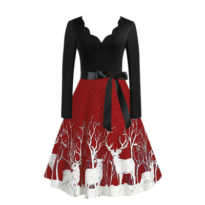 Long Sleeve V-neck Print Dress