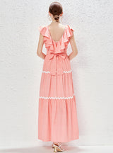 Plaid V-neck Ruffled Stitching High Waist Dress