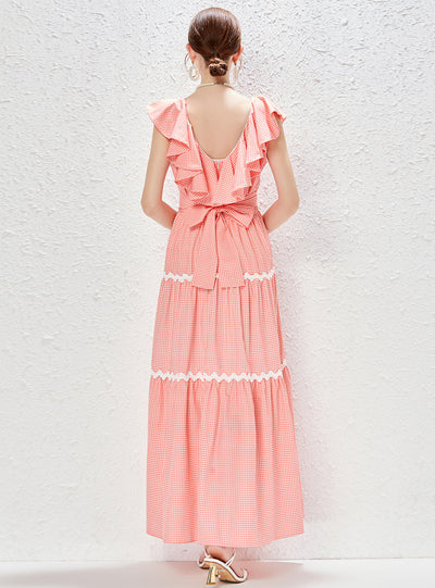 Plaid V-neck Ruffled Stitching High Waist Dress