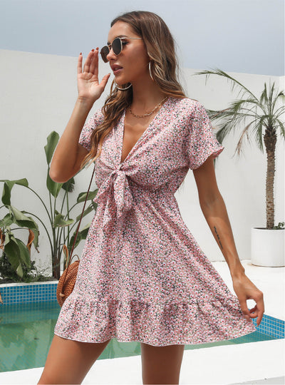 Floral Flounces Deep V-neck Short Sleeves Chiffon