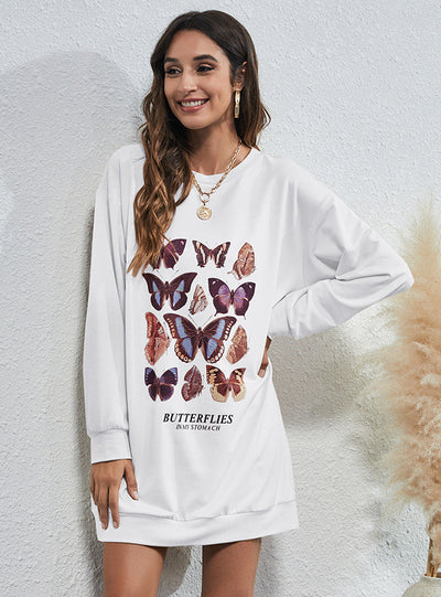 Fashion Round Neck Butterfly Print Long Top