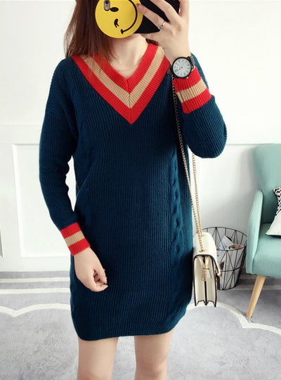 V neck Long Sleeve Loose Knitwear Sweater Dress