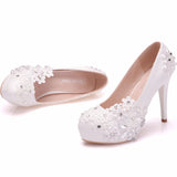 White Lace Flower Pearl Wedding Shoes
