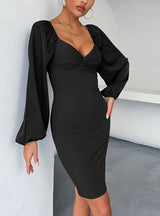Slim Solid Color Bubble Sleeve Pencil Dress