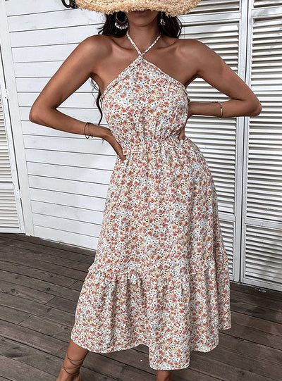 Floral Sling Beach Neck Openwork Dress