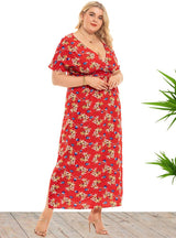 Floral V-neck Short Sleeve Split Dress