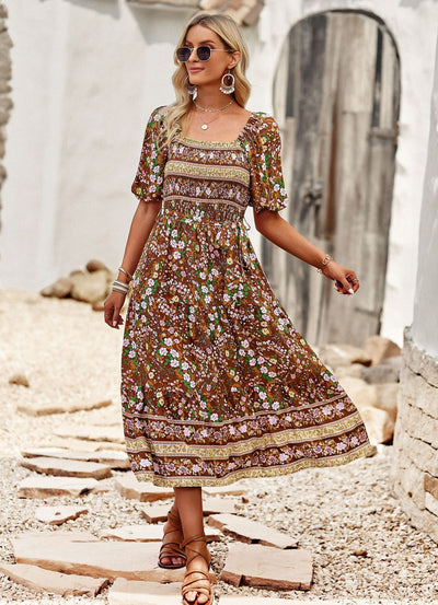 Beach Square Neck Bohemian Print Dress