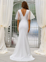 White V-neck Mesh Sleeve Long Dress