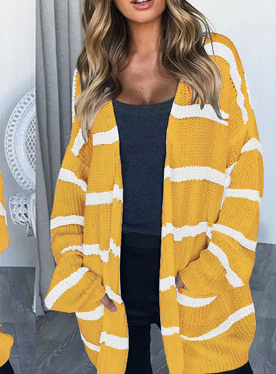 Striped Cardigan Sweater Pocket Coat Woman