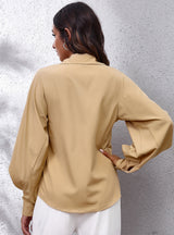 Lantern Solid Color Lapel Long Sleeve Shirt