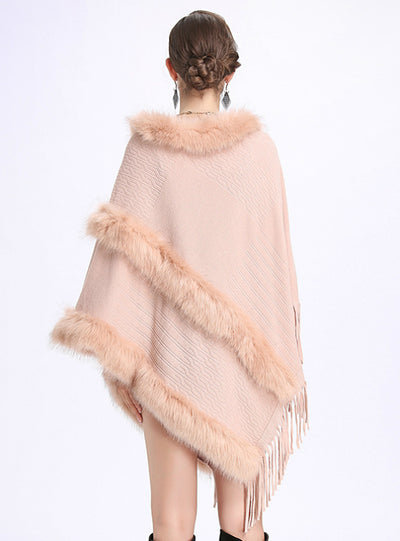 Loose Round Neck Fringed Pullover Sweater Cape Shawl