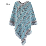 Contrast Striped Fringed Pullover Cape Shawl