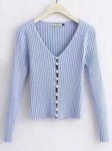 Woman Deep V-neck Long Sleeve Pearl Cardigan Sweater