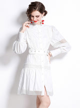 White Lace Stitching Lantern Sleeve Dress