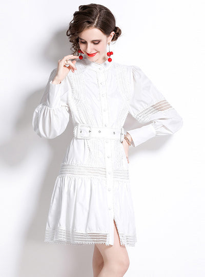 White Lace Stitching Lantern Sleeve Dress