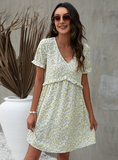 Loose V-neck Wood Ear Print Dress