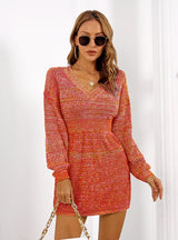 V-neck Colorful Lantern Sleeve Sweater Dress