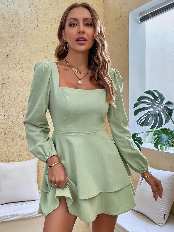 Square Collar Long Sleeve Ruffled Mini Dress