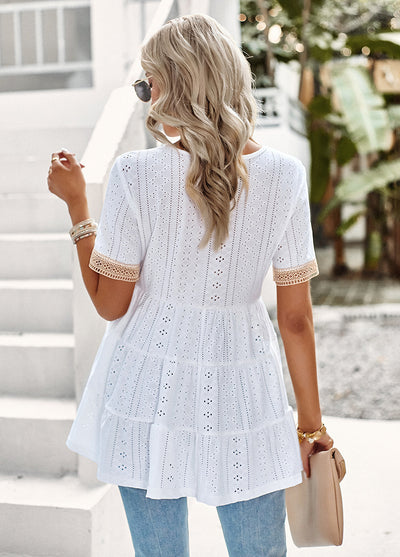 V-neck Hollow Jacquard Short-sleeved Shirt