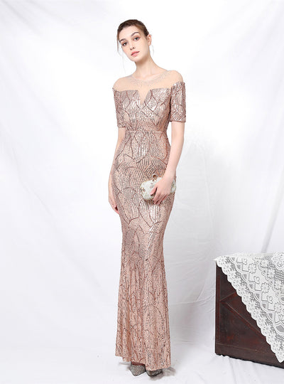 Long Sleeve Sequined Evening Dress
