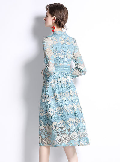 Women Blue Lace Long Sleeve Dress
