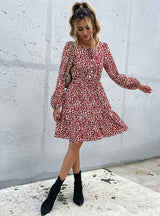 Long Sleeve Lace-up Vintage Print Dress
