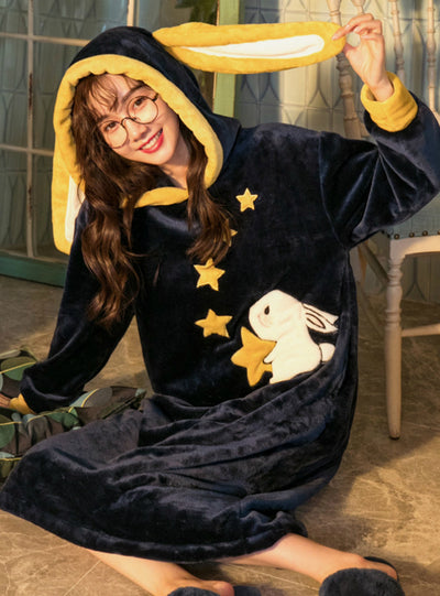 Red Rabbit Long Sleeve Hooded Coral Fleece Bathrobe