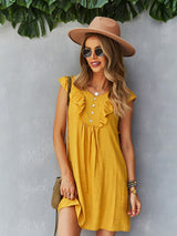 Round Neck Lotus Leaf Sleeve Solid Color Casual Dress