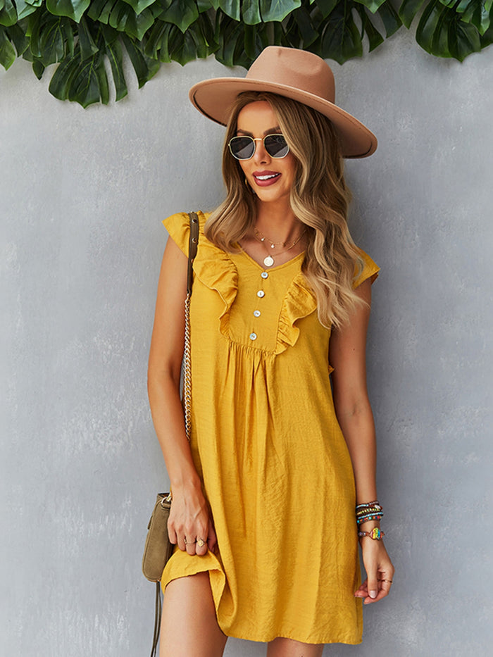 Round Neck Lotus Leaf Sleeve Solid Color Casual Dress