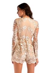 V-neck Long-sleeved Gauze Sequined Jumpsuit