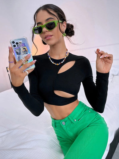 Hollow Slim Ultra-short Long Sleeve T-shirt