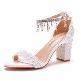 Women Beaded White Lace Sandals