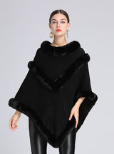 Women Rabbit Fur Collar Shawl Cloak Coat