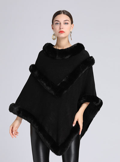 Women Rabbit Fur Collar Shawl Cloak Coat