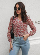 Lotus Leaf Floral V-neck Long-sleeved Chiffon Shirt