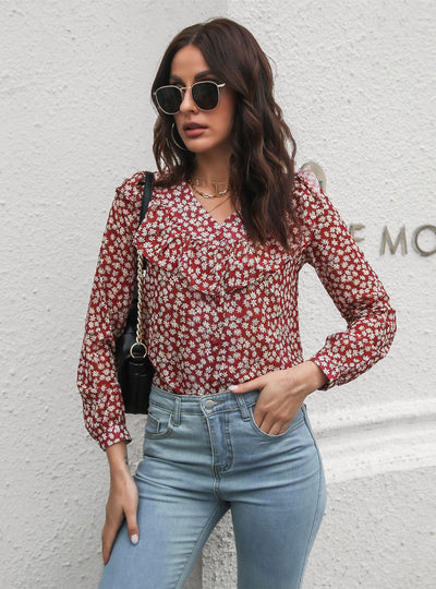 Lotus Leaf Floral V-neck Long-sleeved Chiffon Shirt