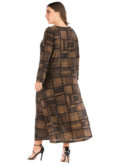 Plaid Printed Round Neck Long Sleeve Pocket Dress