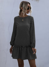 Retro Round Neck Polka Dot Long Sleeve Dress