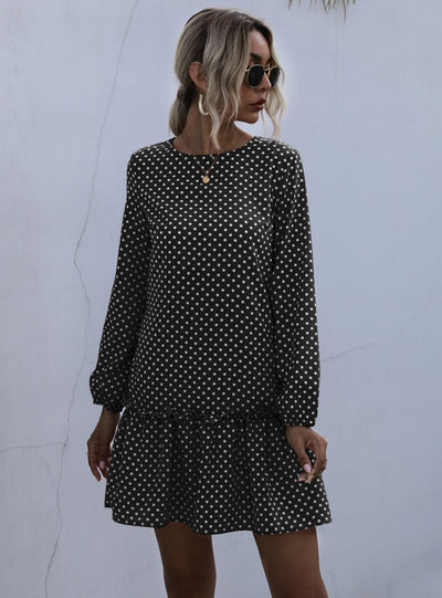 Retro Round Neck Polka Dot Long Sleeve Dress