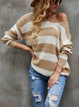 Loose Stitching V-neck Striped Sweater