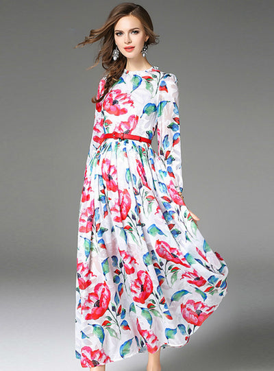 Chiffon Maxi Party Dress Floral Slim Belt Dress 