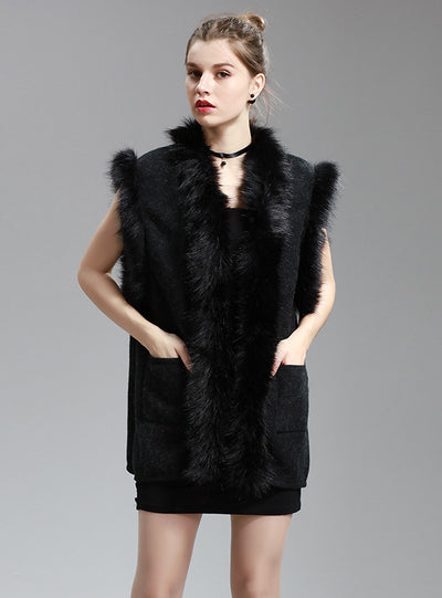 Fur Collar Shawl Cloak Woolen Knitted Sleeveless Loose Coat
