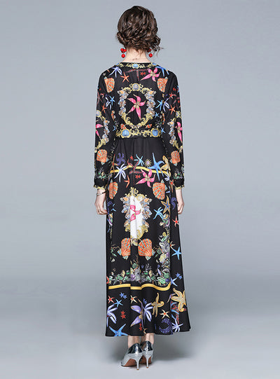 V-Neck Long Sleeve Retro Printed Waist Dress