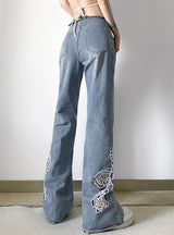 Embroidered Flower Raw Edges Jeans