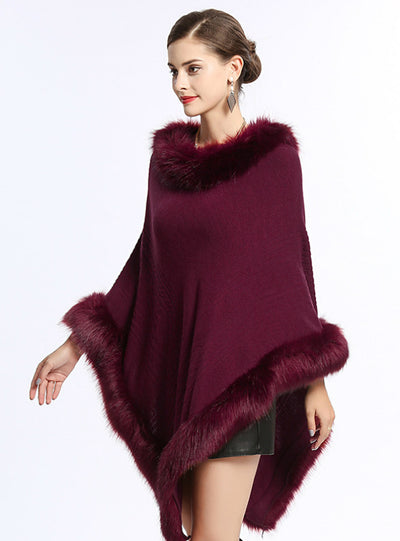 Fox Like Fur Collar Round Pullover Sweater Cape Shawl