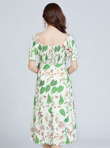 Bubble Sleeve Waist Slim Green Print Dress