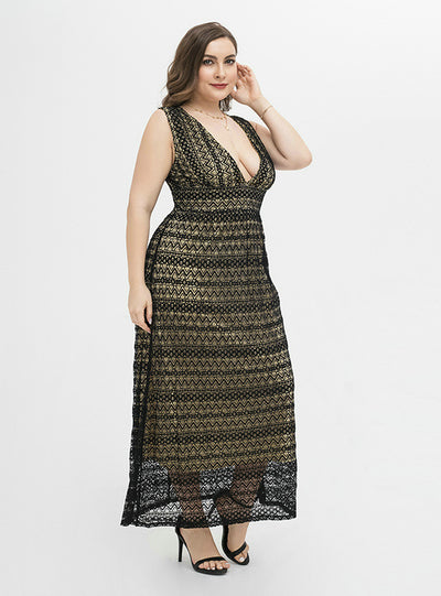 Plus Size Black Lace V Long Dress