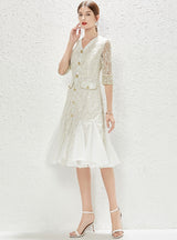 V-neck Embroidered Lace Mesh Fishtail Dress