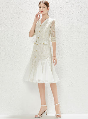 V-neck Embroidered Lace Mesh Fishtail Dress